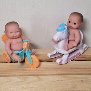 Set of 2 Lots To Love All Vinyl 5" Dolls w/ Tricycle & Rocking Horse